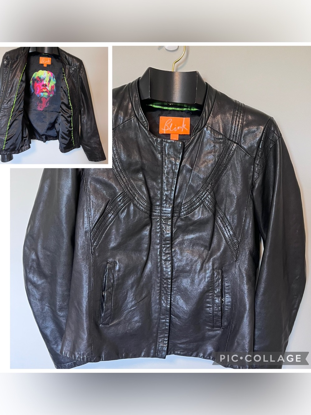 BLINK by Danier Sz Lg Black Genuine Leather Jacket Moto Style Pop Art Quilted